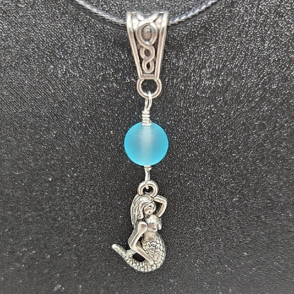 Handmade Silver Mermaid Pendant with Blue Accent 2.25"